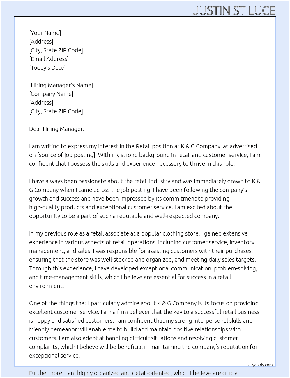Retail  At K & G Company  Cover Letter