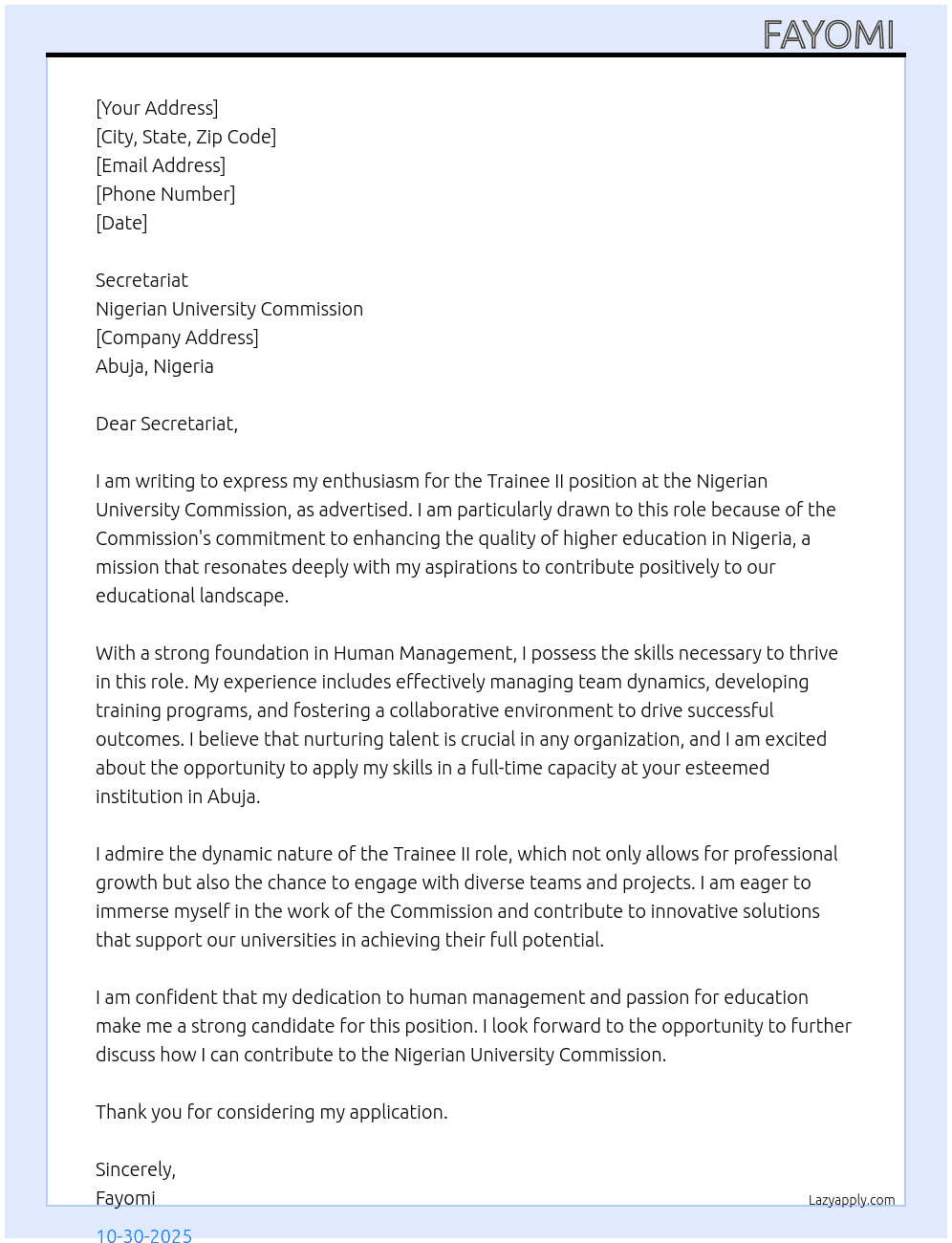Cover letter for trainee ii - LazyApply