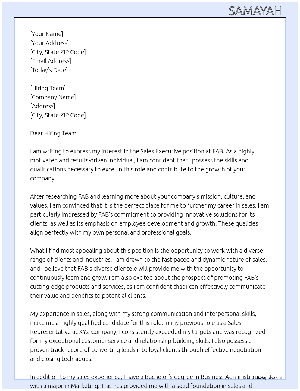 Sales Executive At FAB Cover Letter