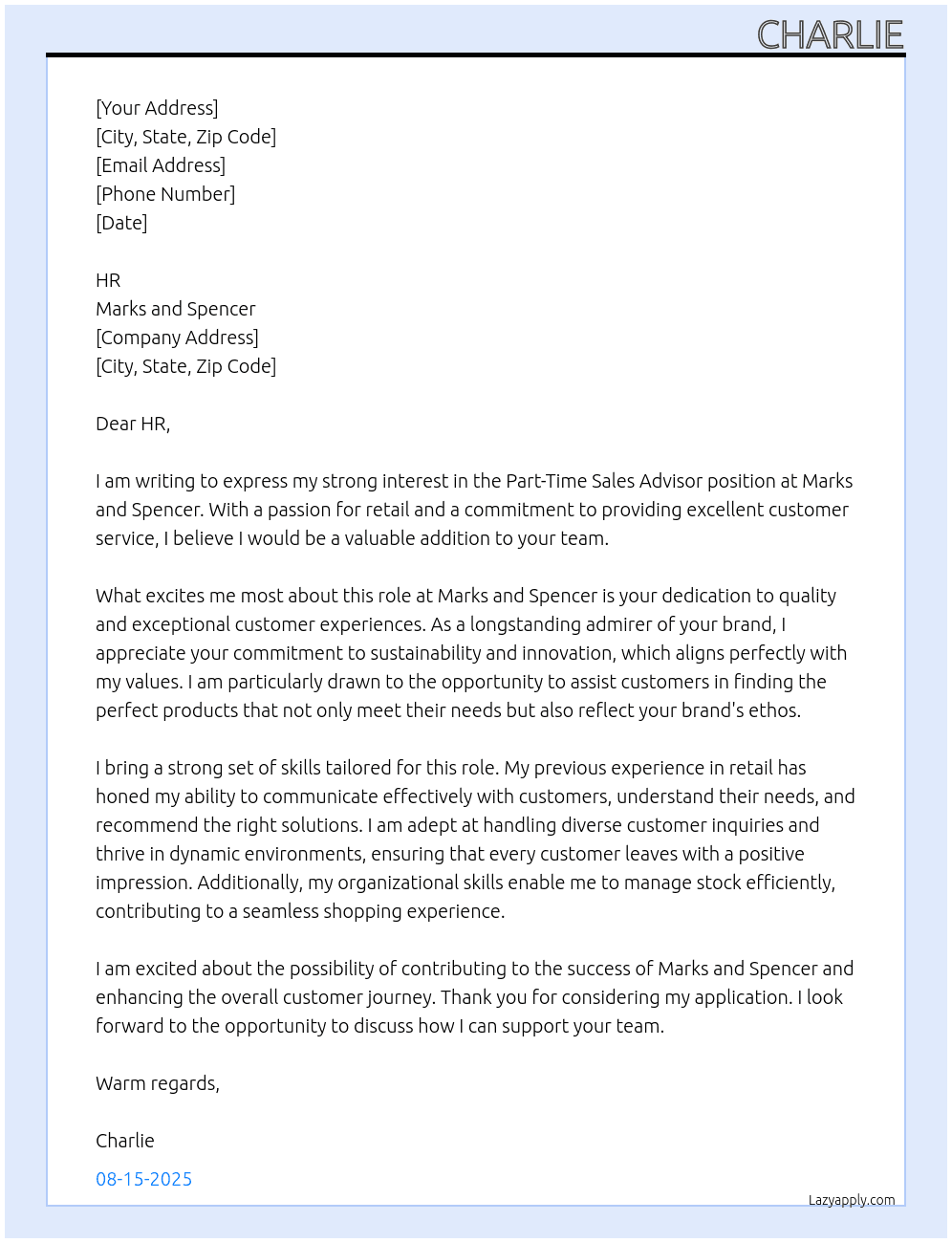 Part time sales advisor At Marks and Spencer Cover Letter