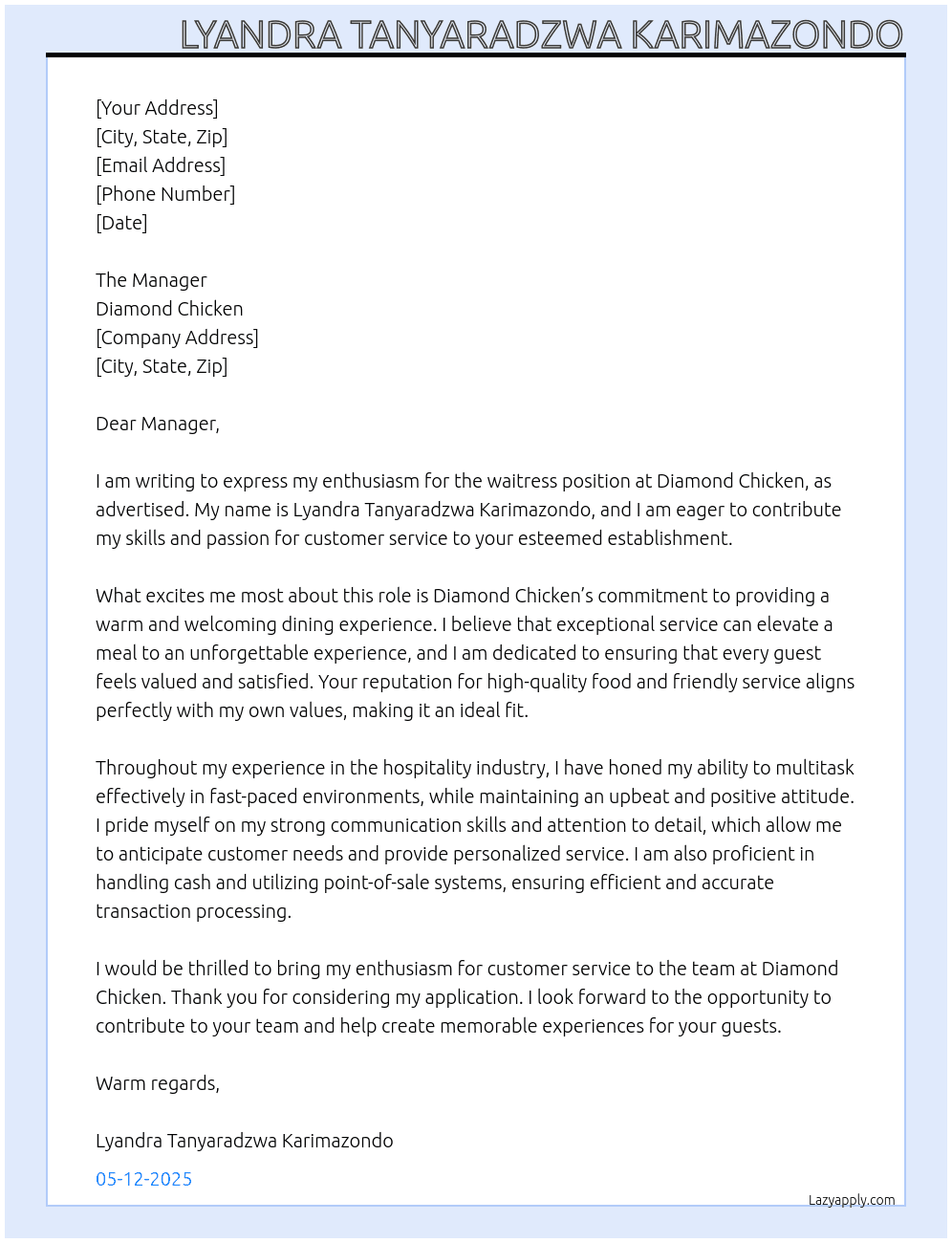 waitress At Diamond Chicken Cover Letter