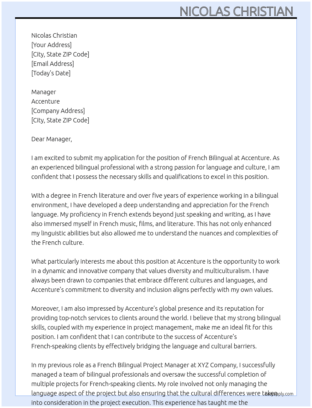 Cover letter for french bilingual - LazyApply