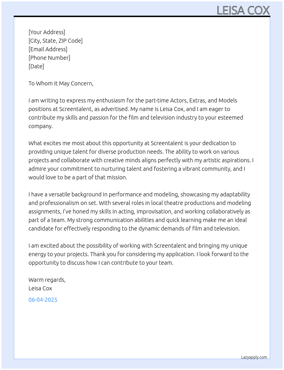 Casting Now - Actors Extras & Models for part-time work in film and TV At Screentalent   https://www.screentalent.com.au  Cover Letter