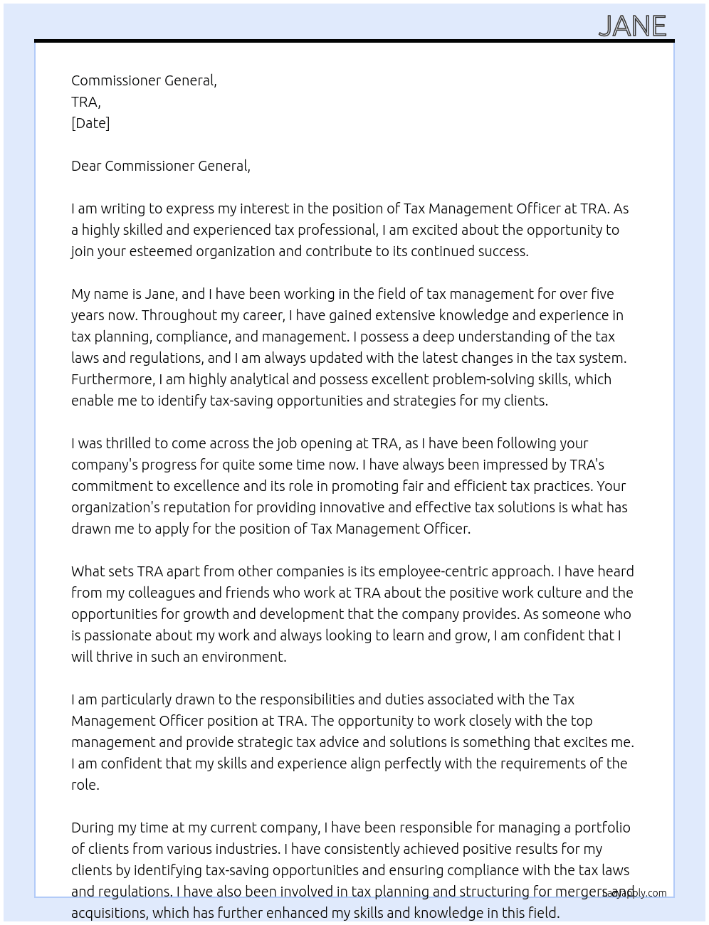 Tax management officer At TRA Cover Letter
