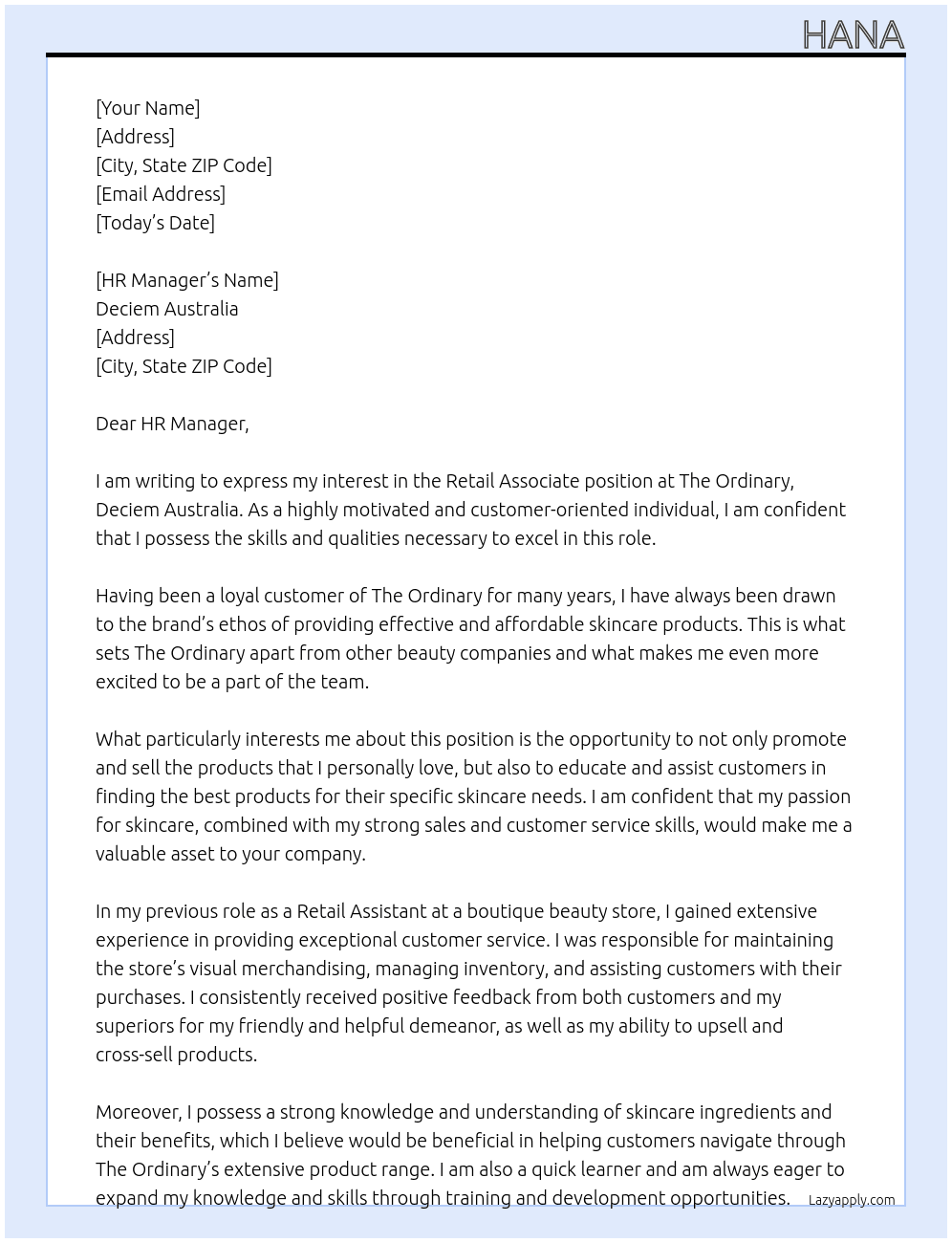 Retail Associate At The ordinary, Deciem Australia Cover Letter