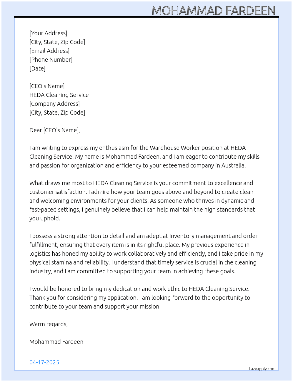 Wherehouse worker At  HEDA Cleaning Service. Cover Letter