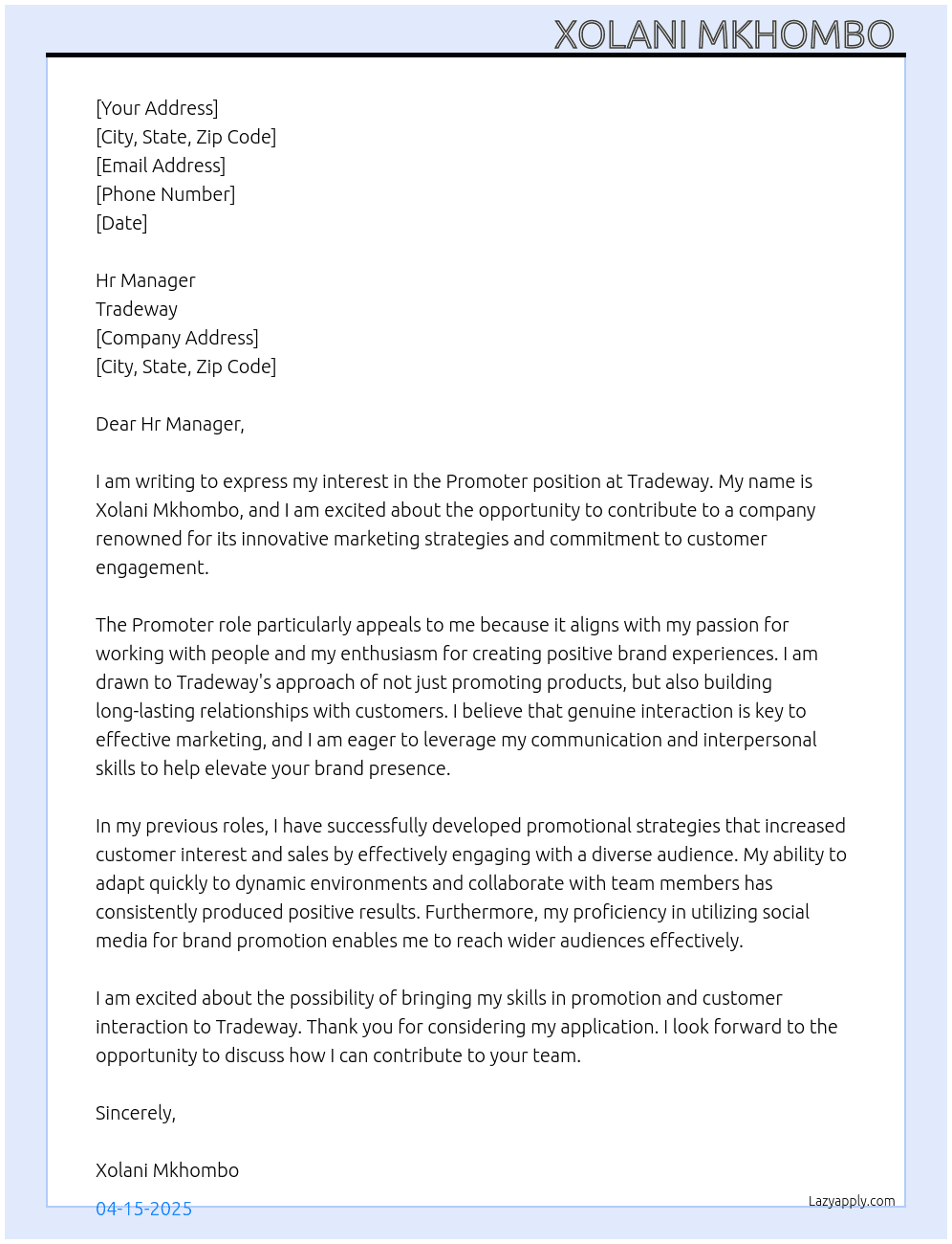Promoter  At Tradeway Cover Letter