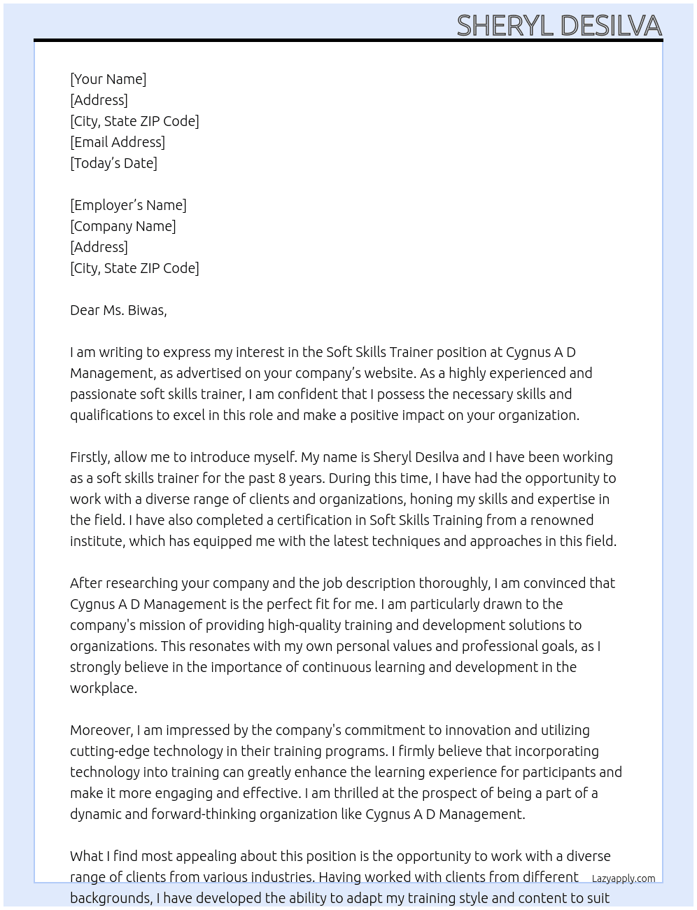 Soft skills trainer  At Cygnus A D Management Cover Letter