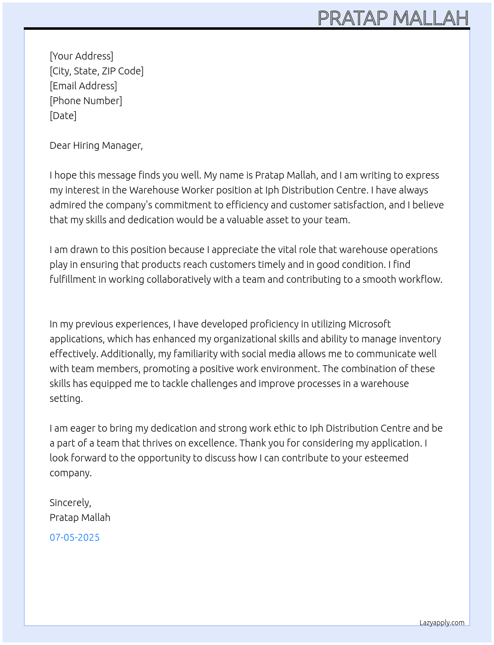 Warehouse worker At Iph distribution centre  Cover Letter