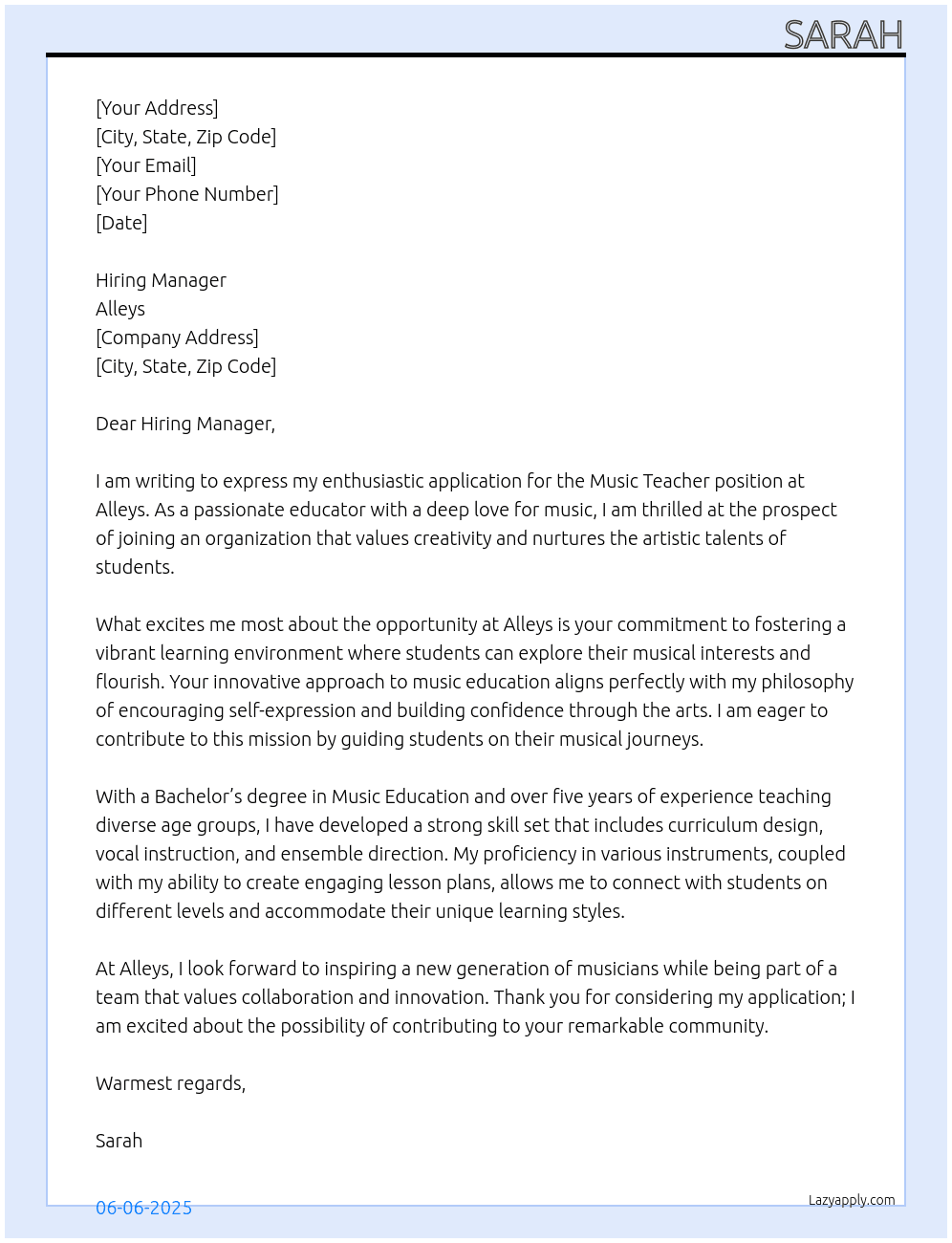 Music Teacher At alleys Cover Letter