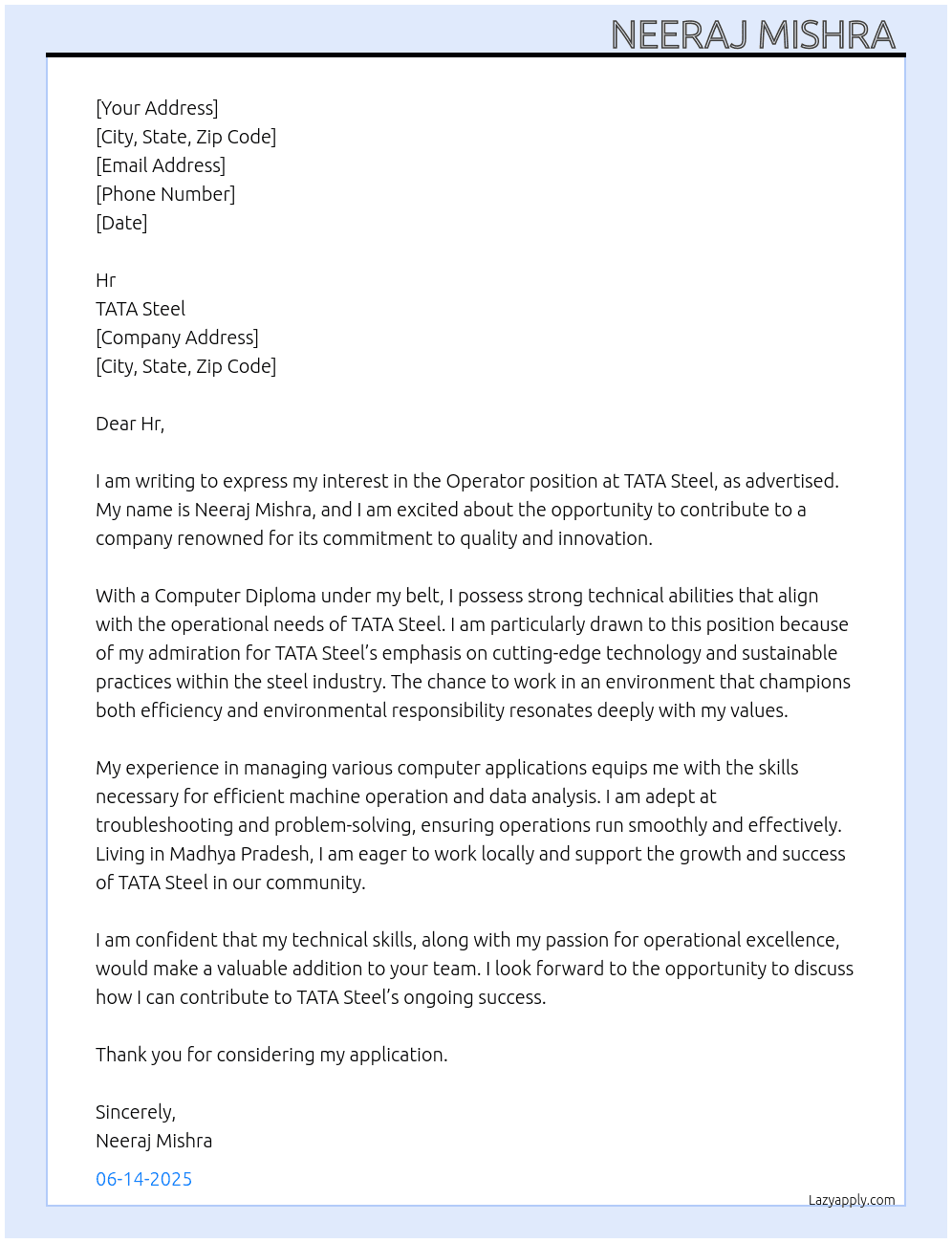 Cover letter for opretor - LazyApply
