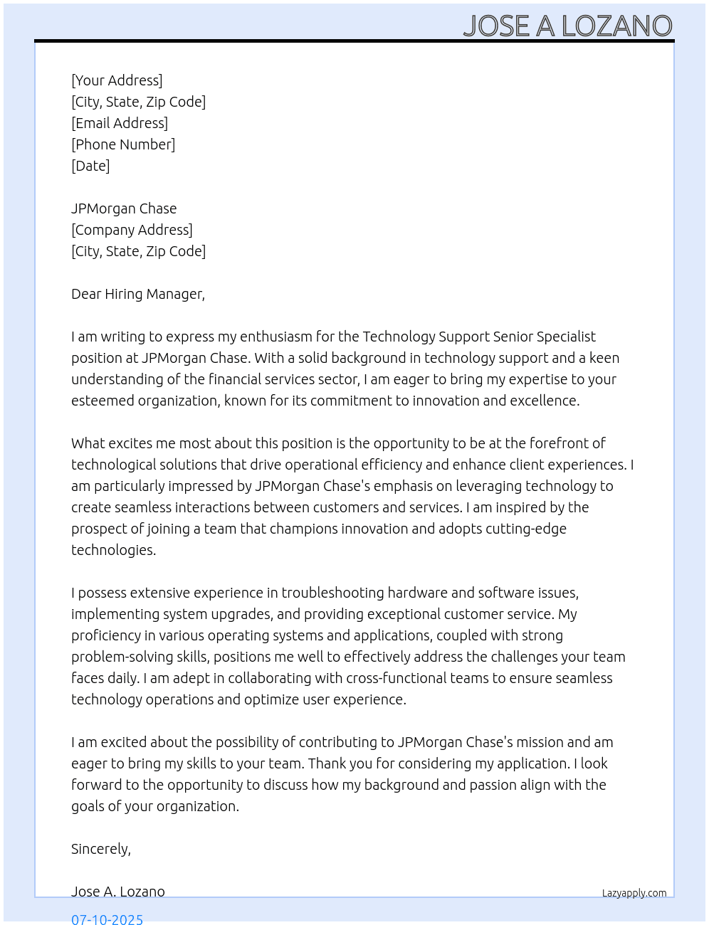 Technology Support Senior Specialist At JPMorganChase Cover Letter