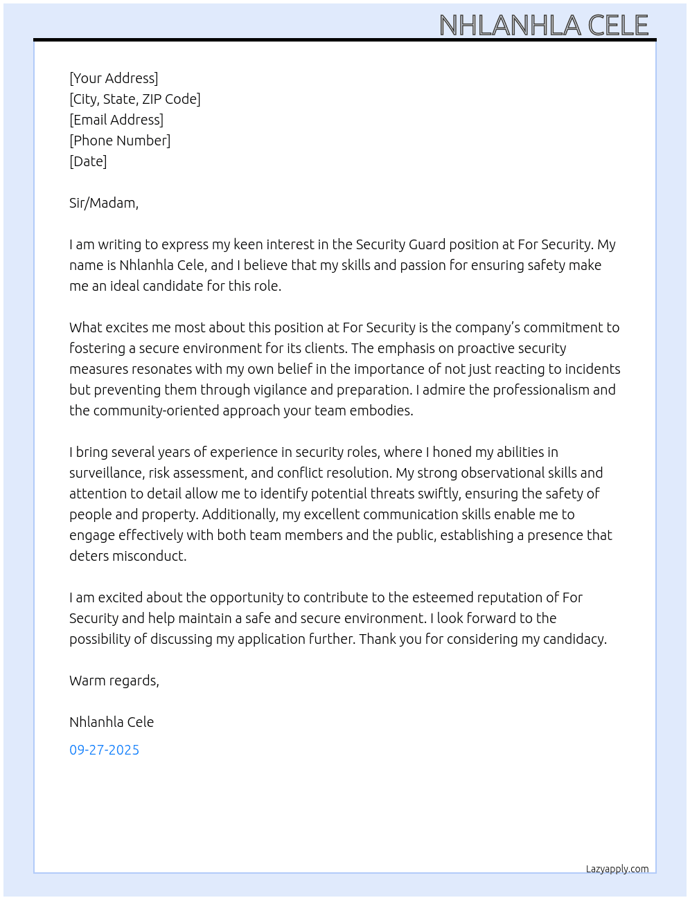 Security Guard  At For security  Cover Letter