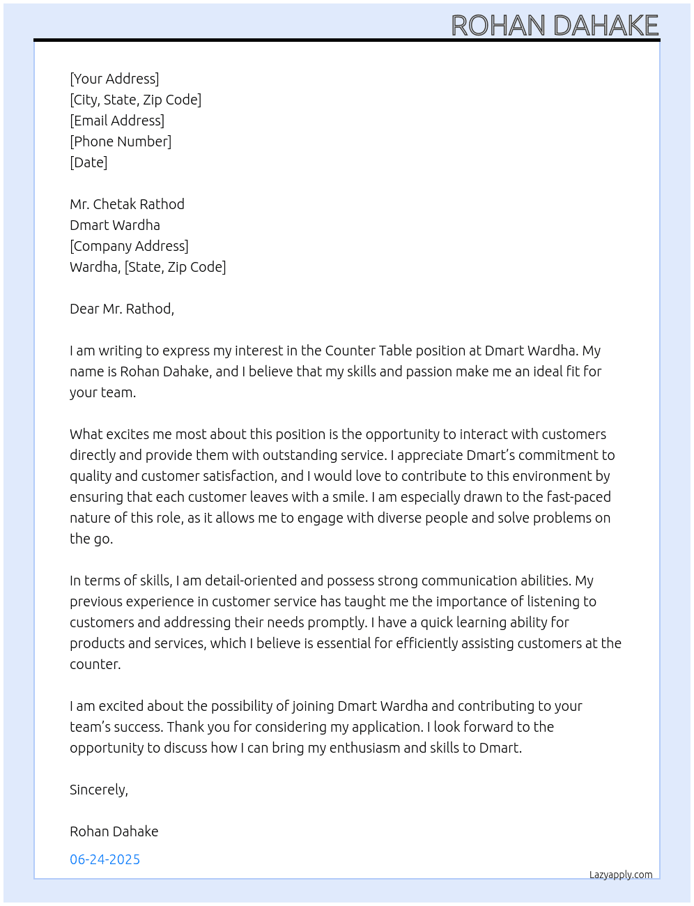 Cover letter for counter table - LazyApply