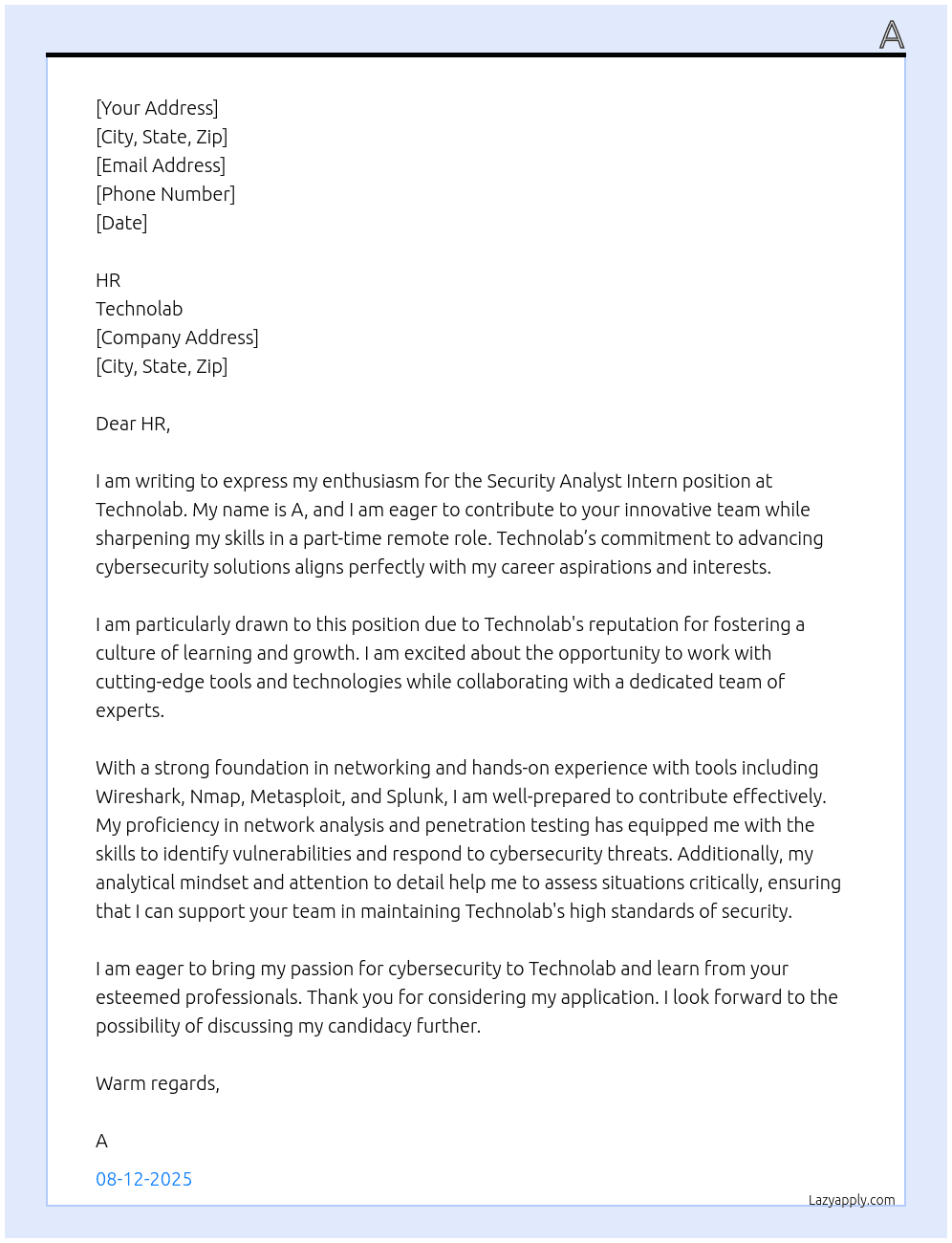 Cover letter for securit anyalist intern - LazyApply