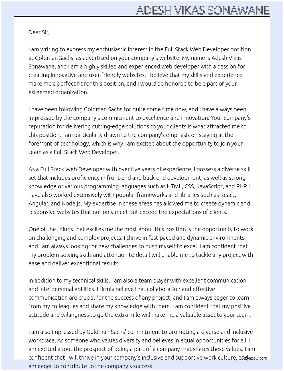 Full Stack web developer At Goldman sachs Cover Letter