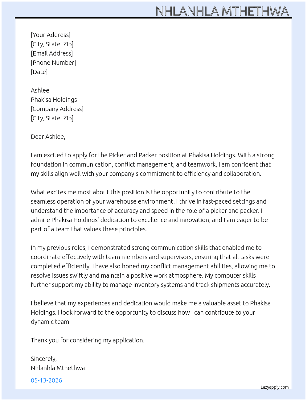 Picker and packer  At Phakisa Holdings  Cover Letter