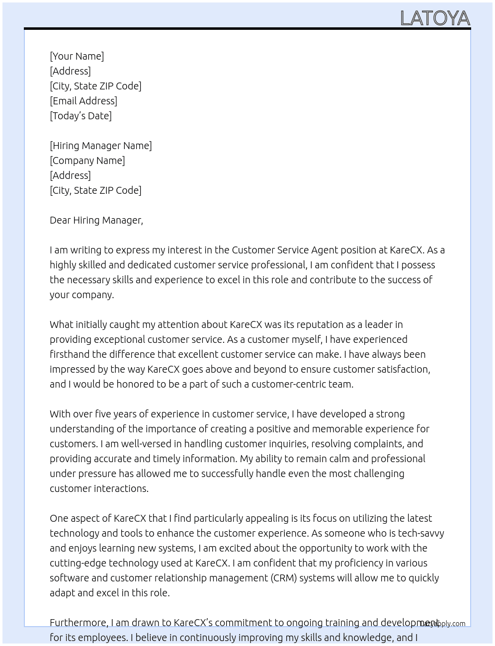 Customer service agent  At KareCX Cover Letter