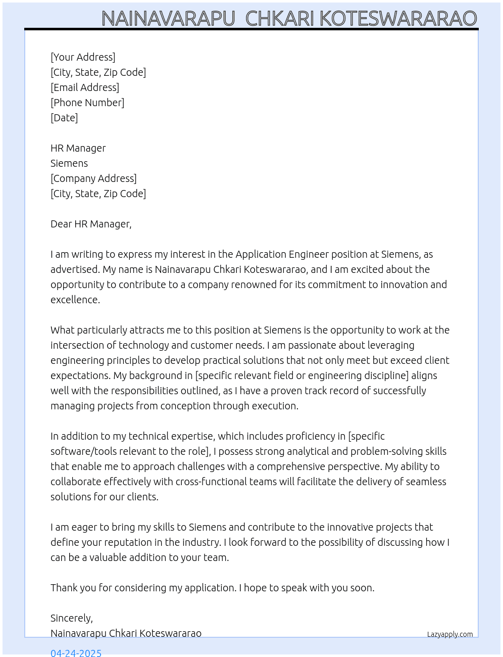 application engineer At Siemens  Cover Letter