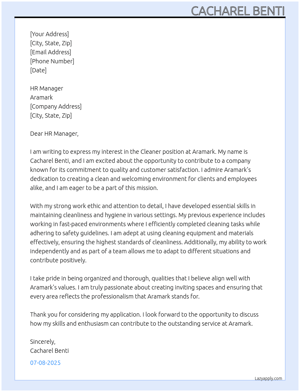 Cleaner At Aramark Cover Letter