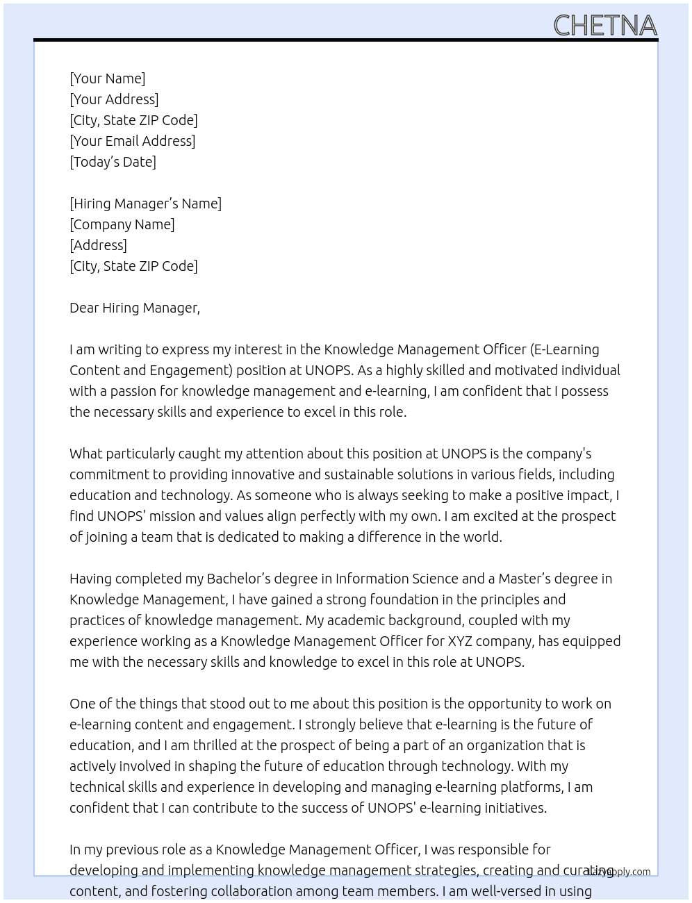 Knowledge Management Officer (E-Learning Content and Engagement) At UNOPS Cover Letter