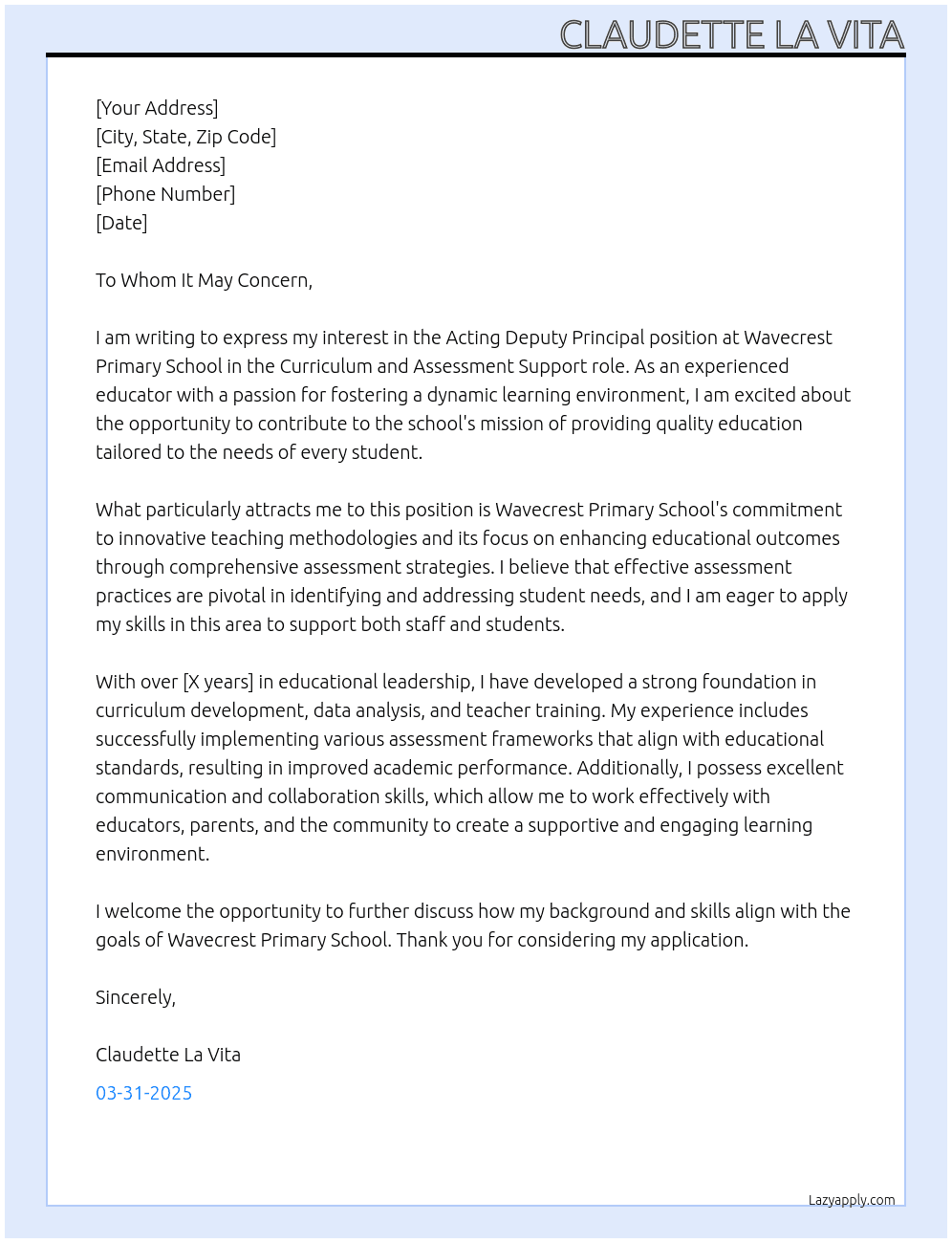 Acting Deputy Principal At Wavecrest Primary School Cover Letter