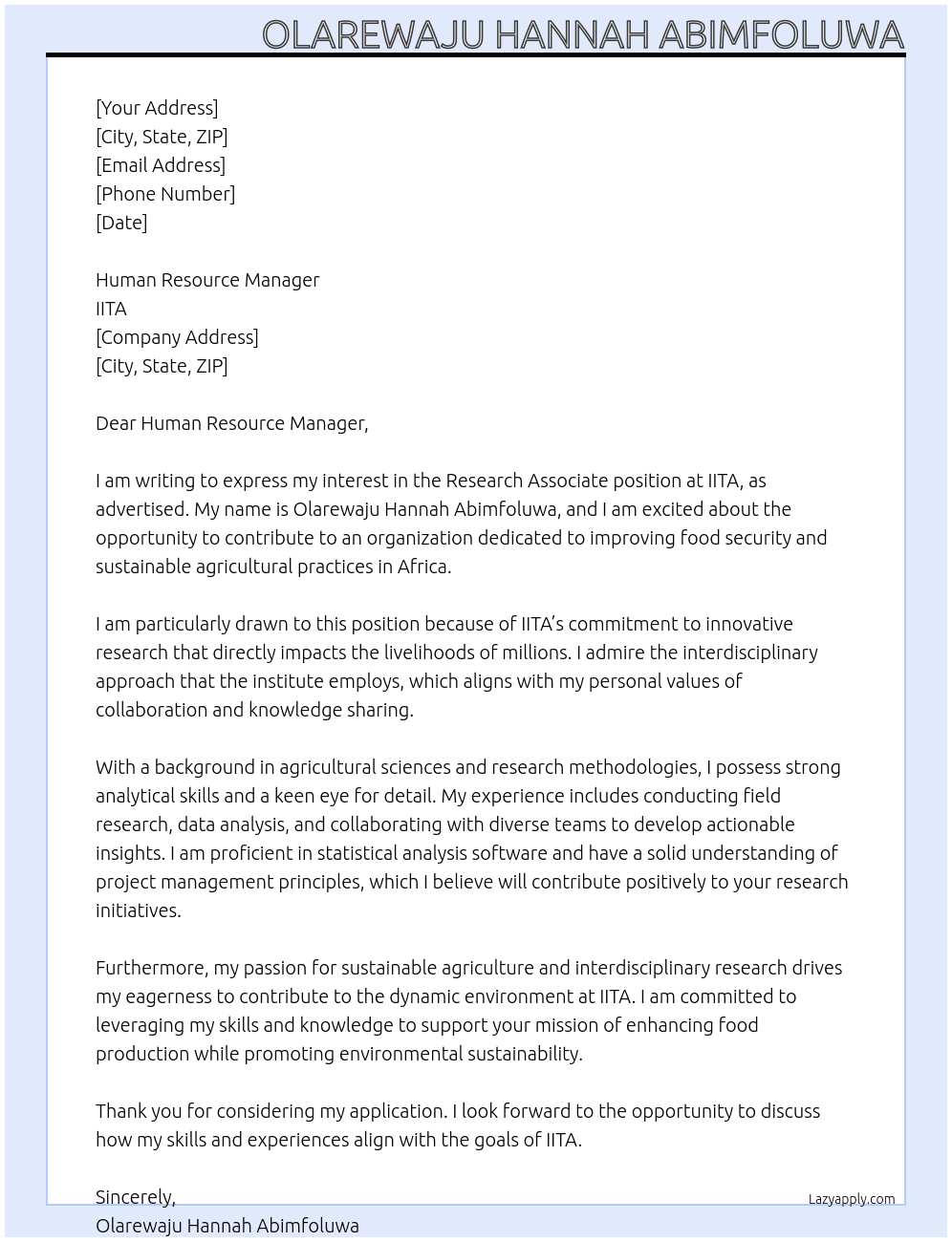 Research associate At iita Cover Letter