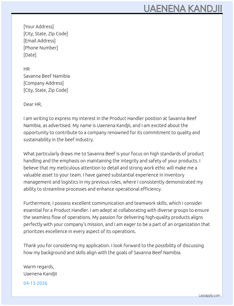 Product Handler At Savanna Beef Namibia Cover Letter