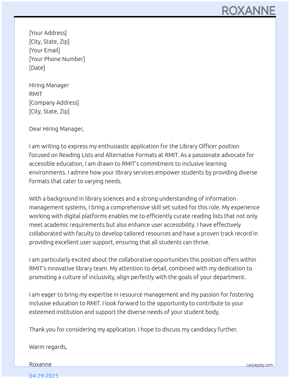 Library Officer, Reading Lists and Alternative Formats At RMIT Cover Letter