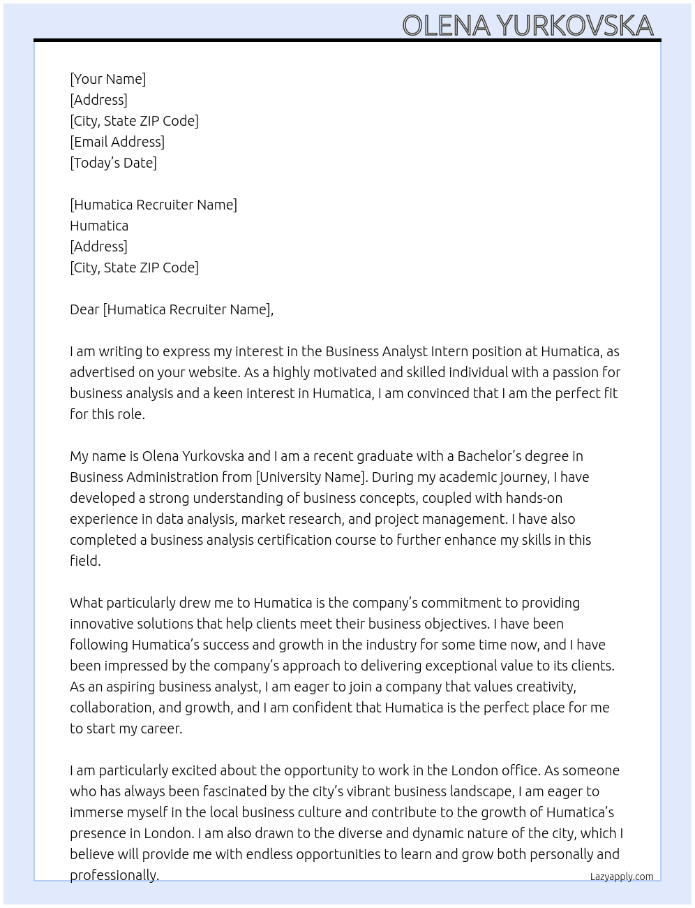 Business Analyst Intern  At Humatica  Cover Letter
