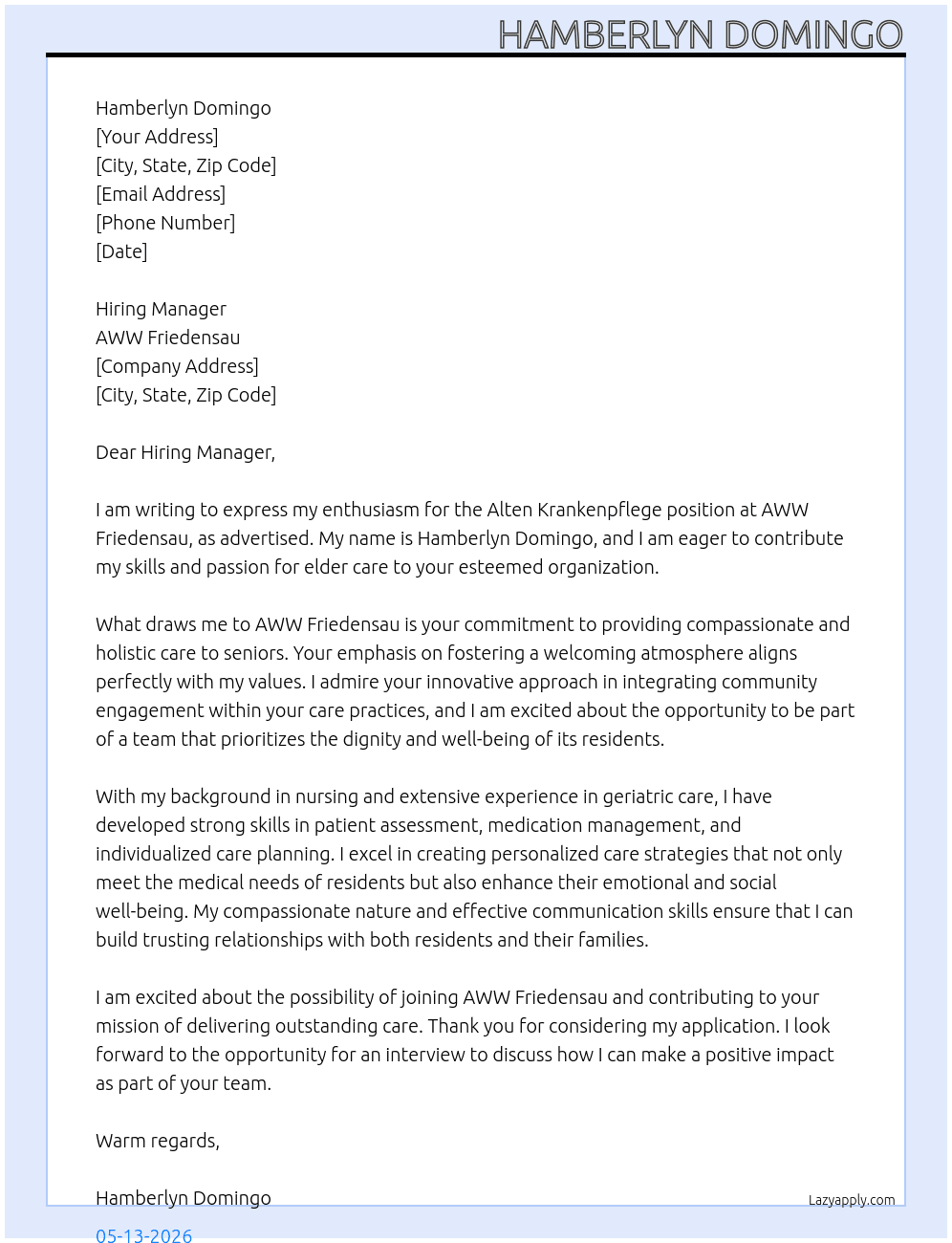 Alten Kranken Pflege At AWW Friedensau Cover Letter
