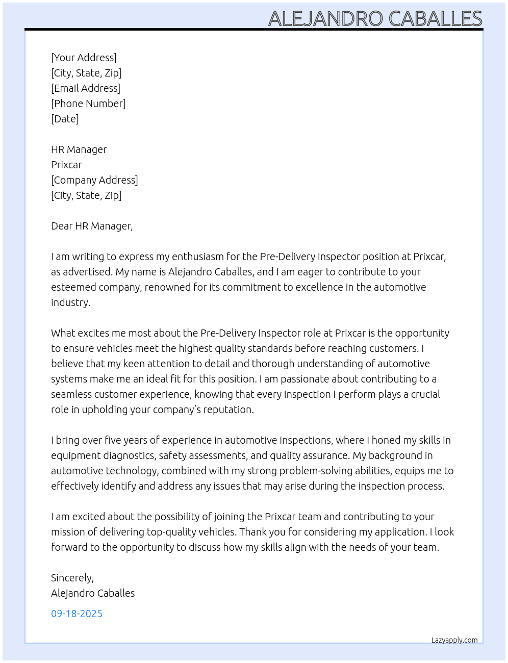 pRE-dELIVERY iNSPECTOR AUTOMOTIVE At Prixcar Cover Letter