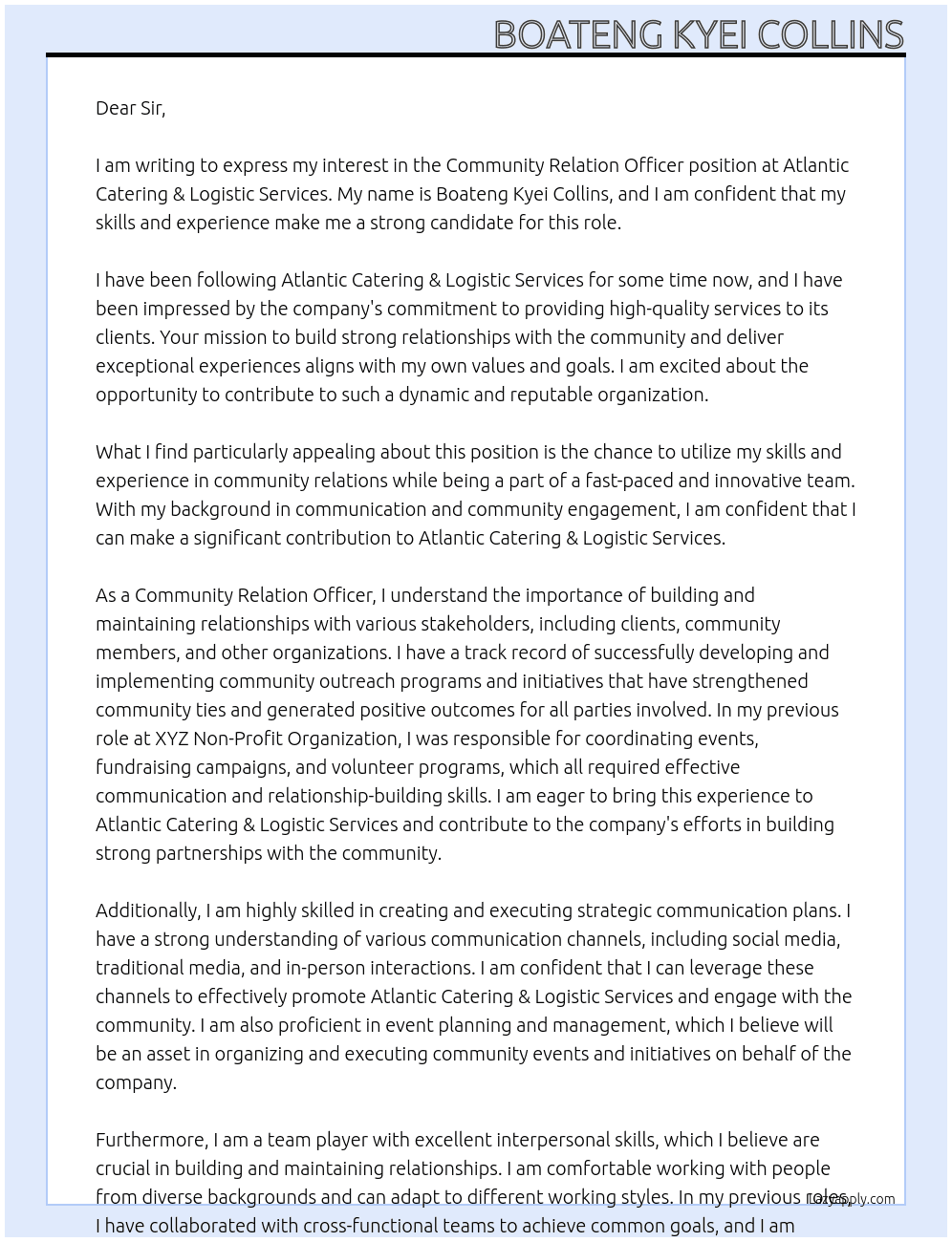 Community Relation Officer At Atlantic Catering & Logistic Services Cover Letter