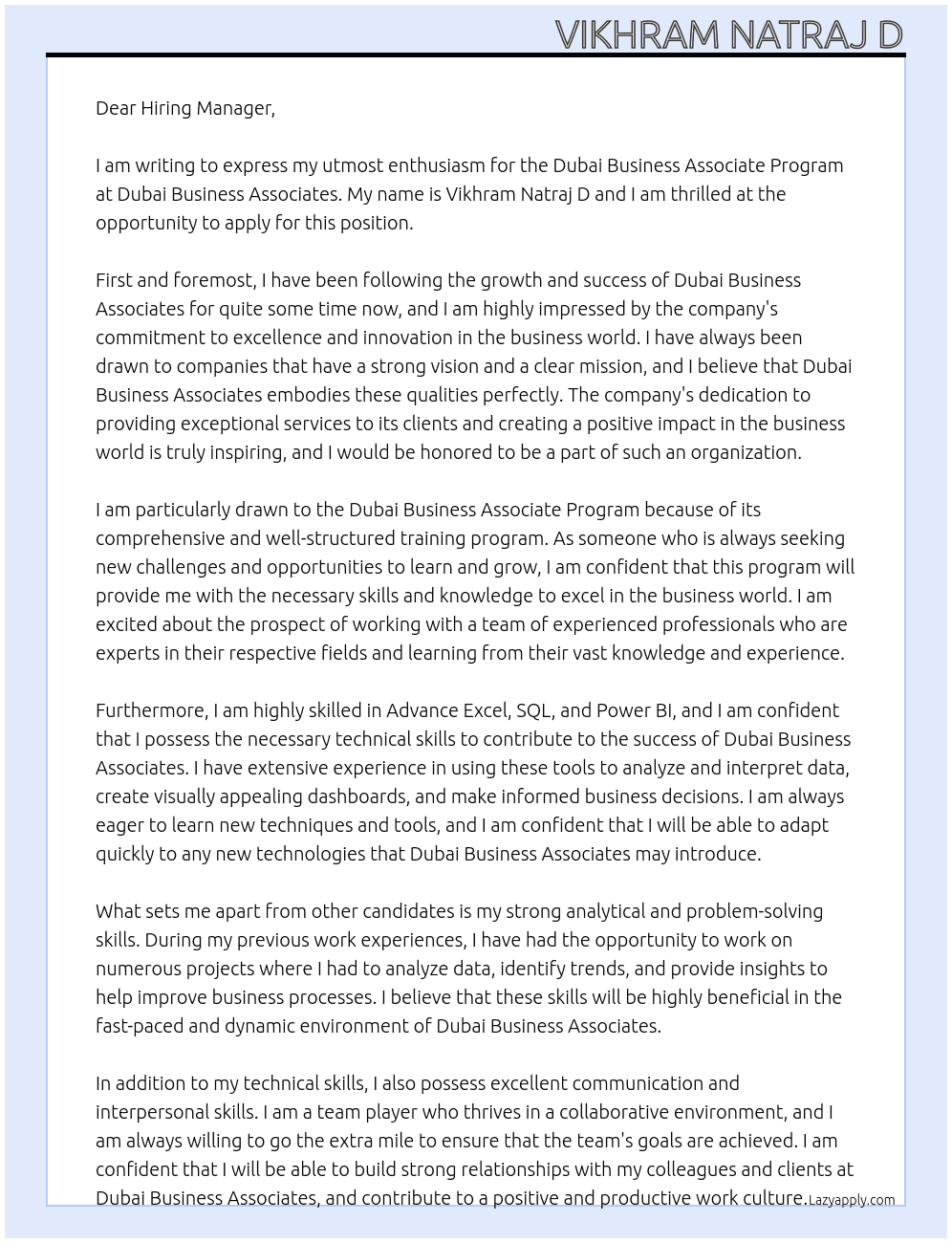 Dubai Business Associate Program At Dubai Business Associates Cover Letter