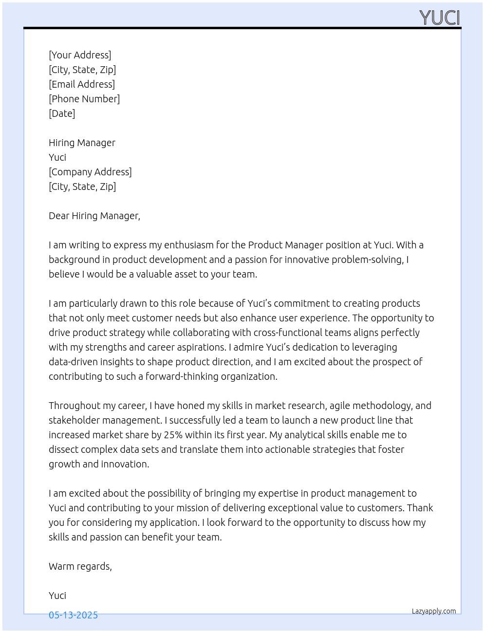 Product Mnager At Yuci Cover Letter