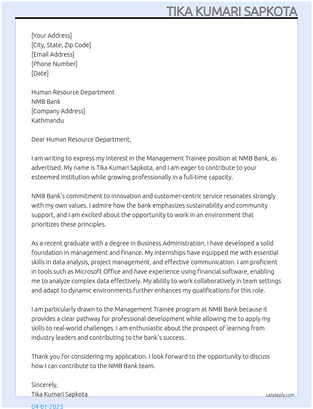Management Trainee At NMB Bank Cover Letter