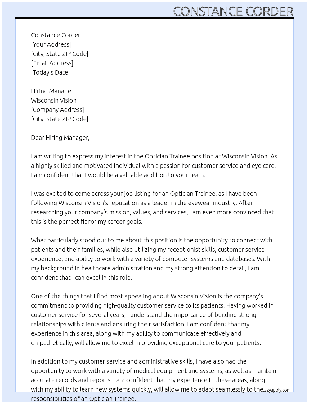 Optician Trainee  At Wisconsin Vision Cover Letter