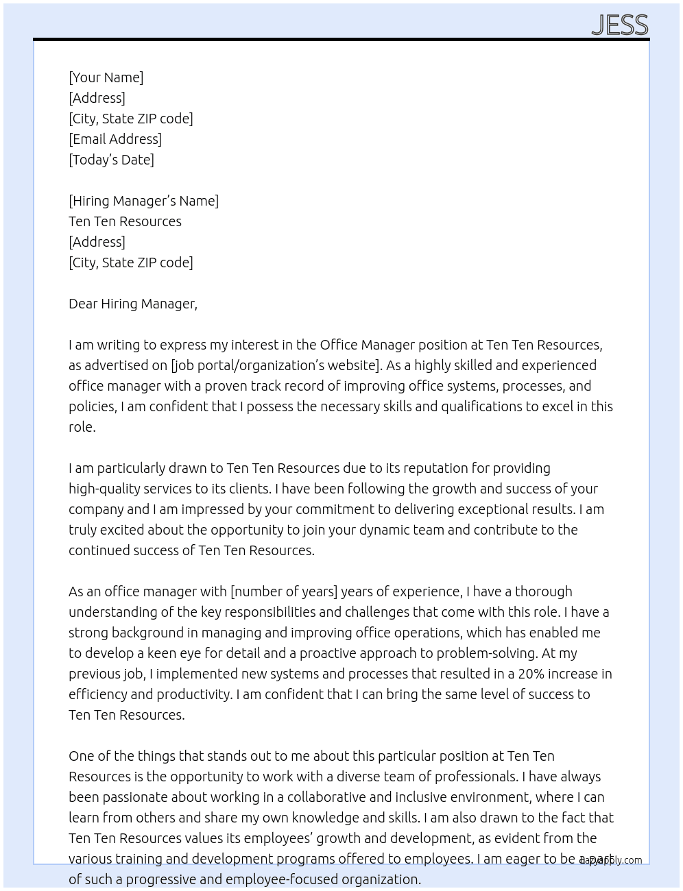 Office Manager At Ten Ten Resources Cover Letter