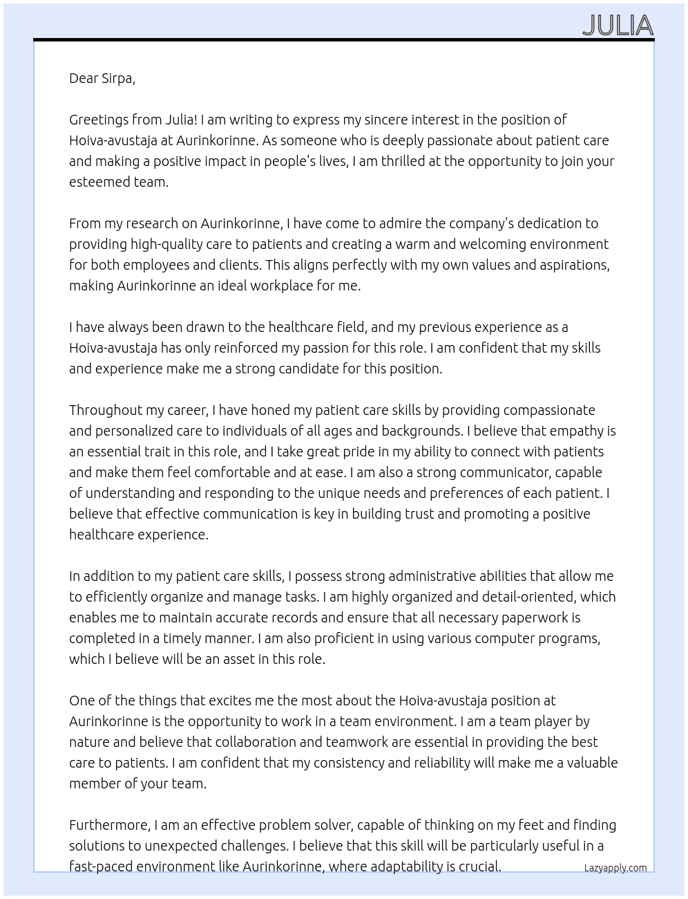 Hoiva-avustaja  At Aurinkorinne  Cover Letter