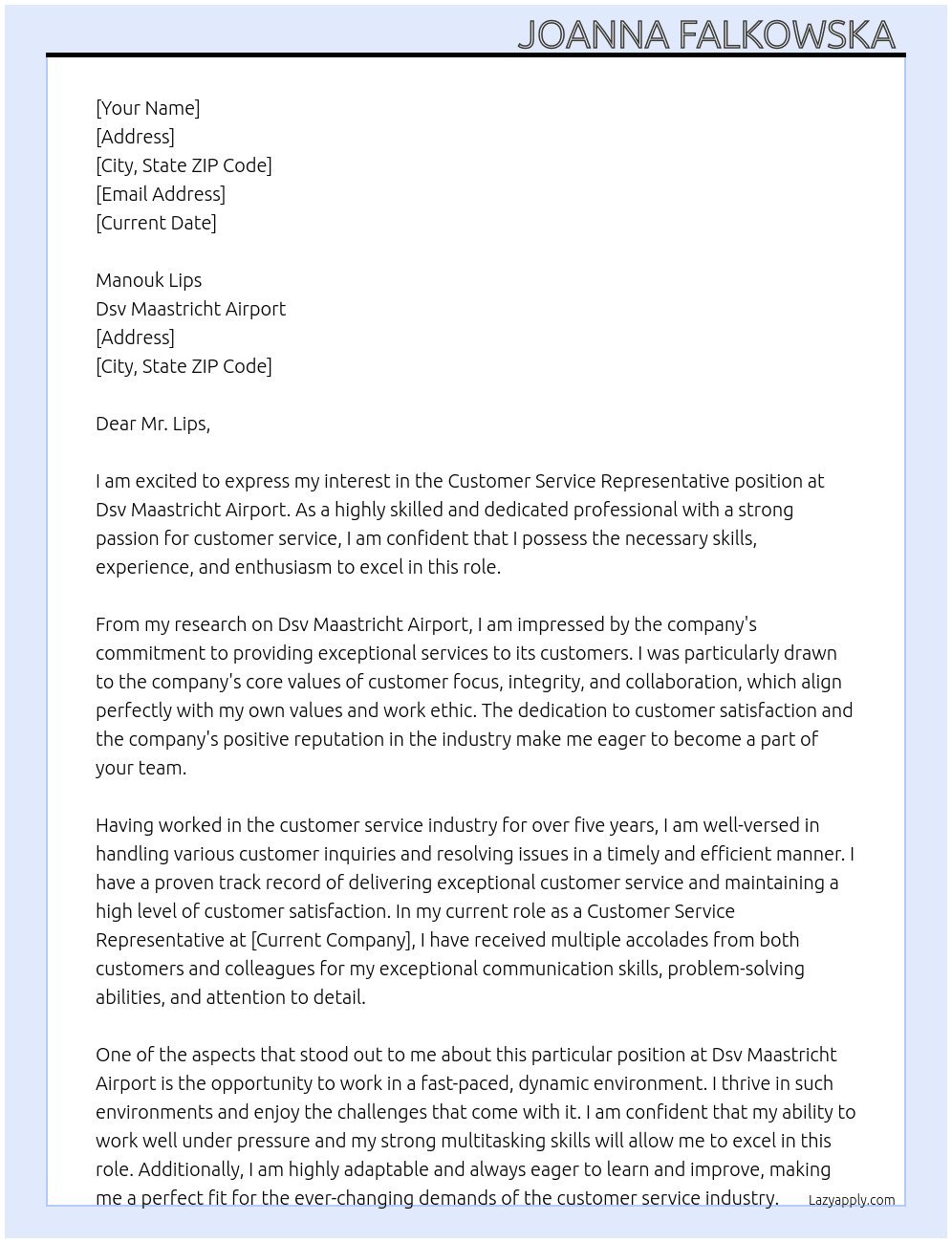 Customer service representative  At Dsv Maastricht Airport  Cover Letter