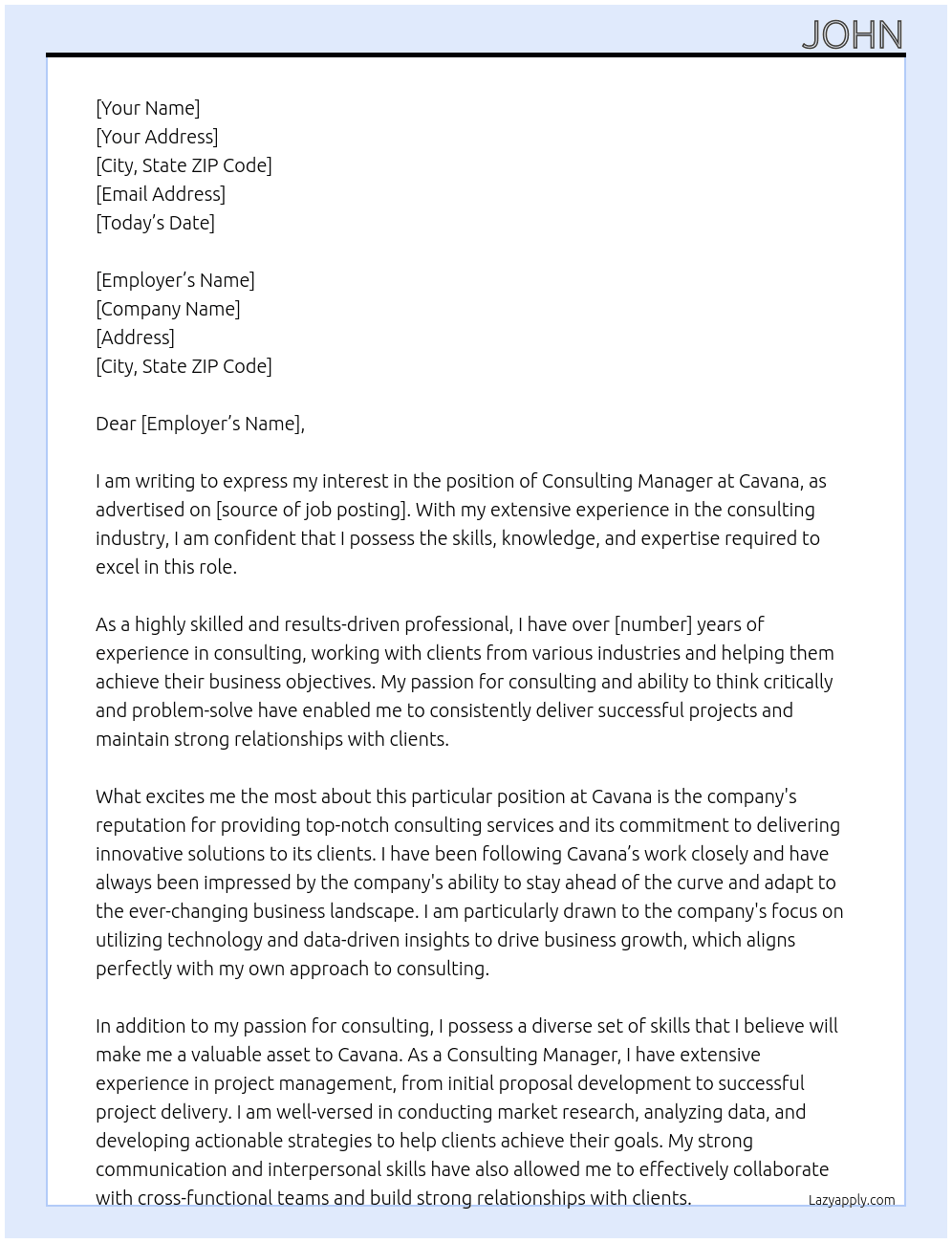 Consulting manager At Cavana Cover Letter