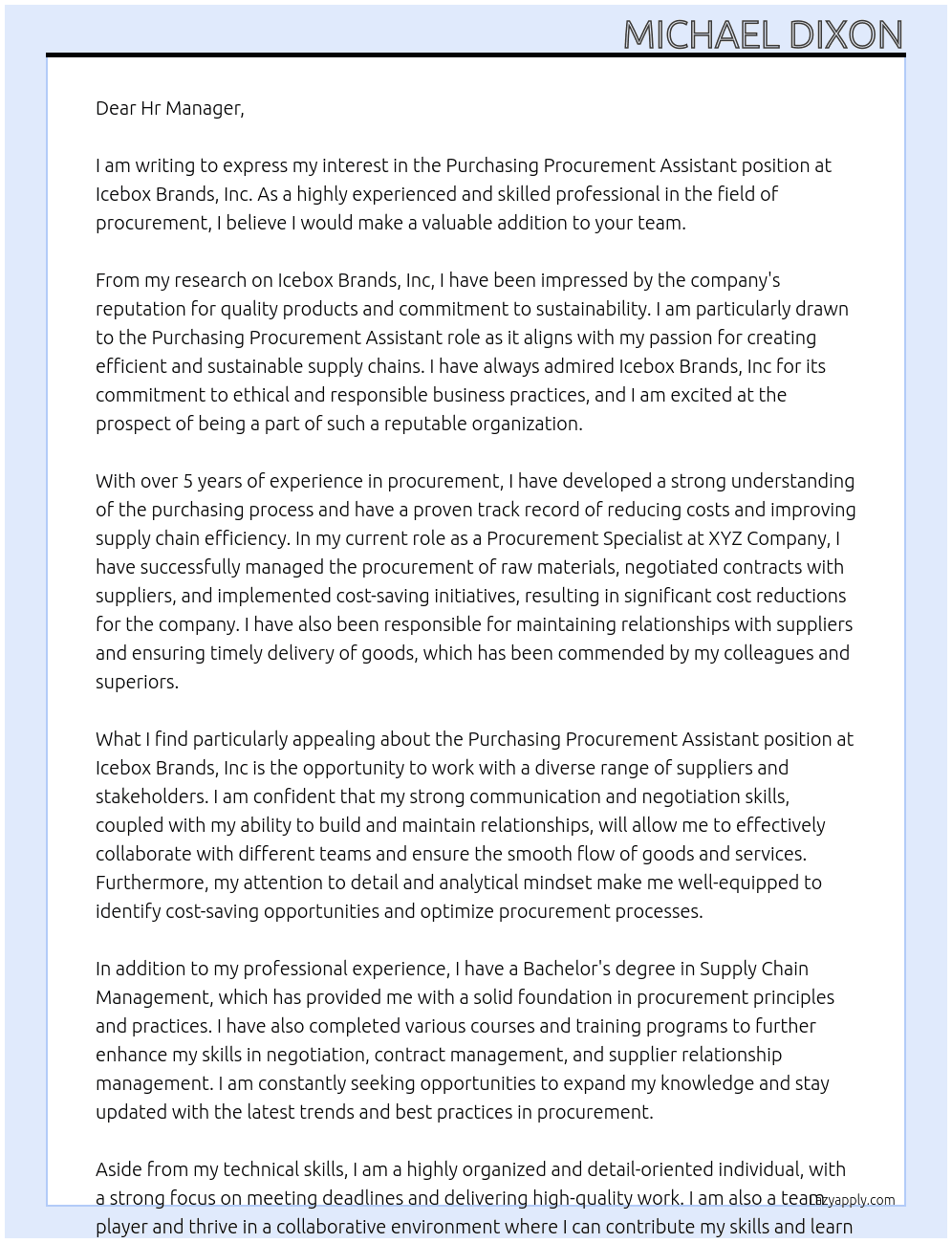 Purchasing Procurement Assistant At Icebox Brands, Inc Cover Letter