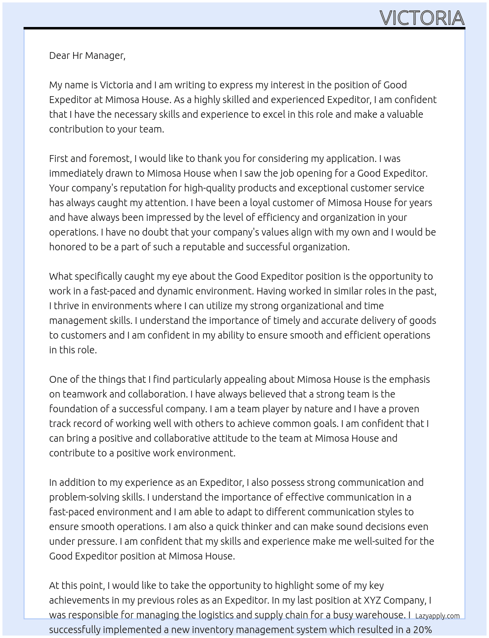 Good expeditor At Mimosa House Cover Letter