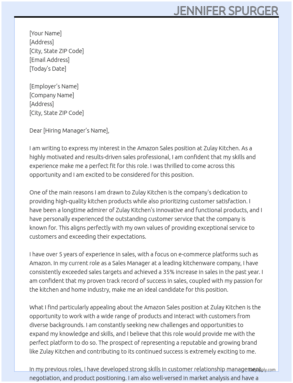 Amazon sales At Zulay Kitchen  Cover Letter