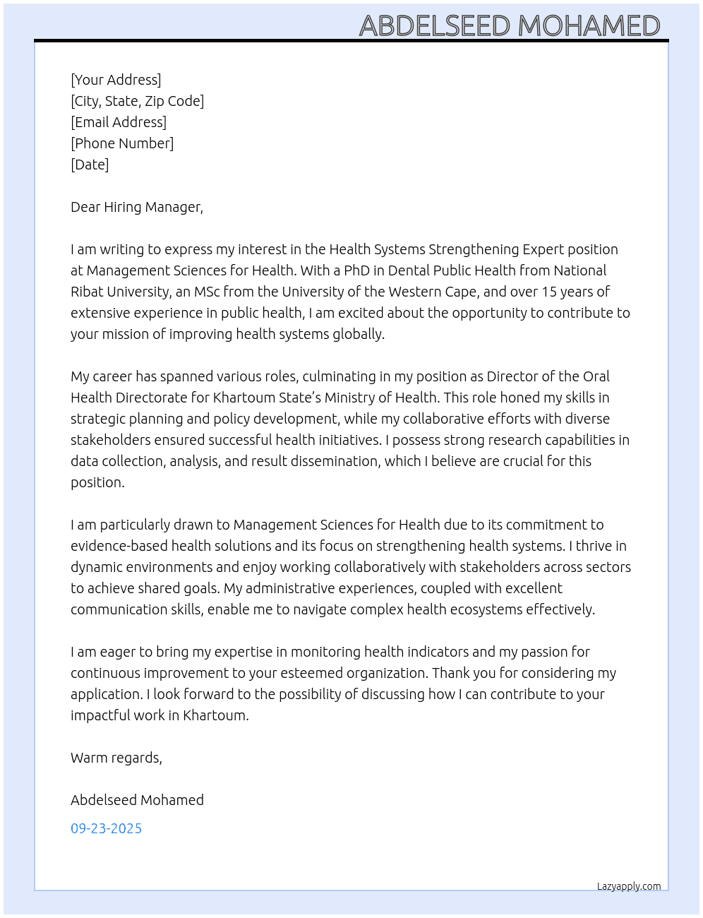 Cover letter for health systems strengthening experts - LazyApply