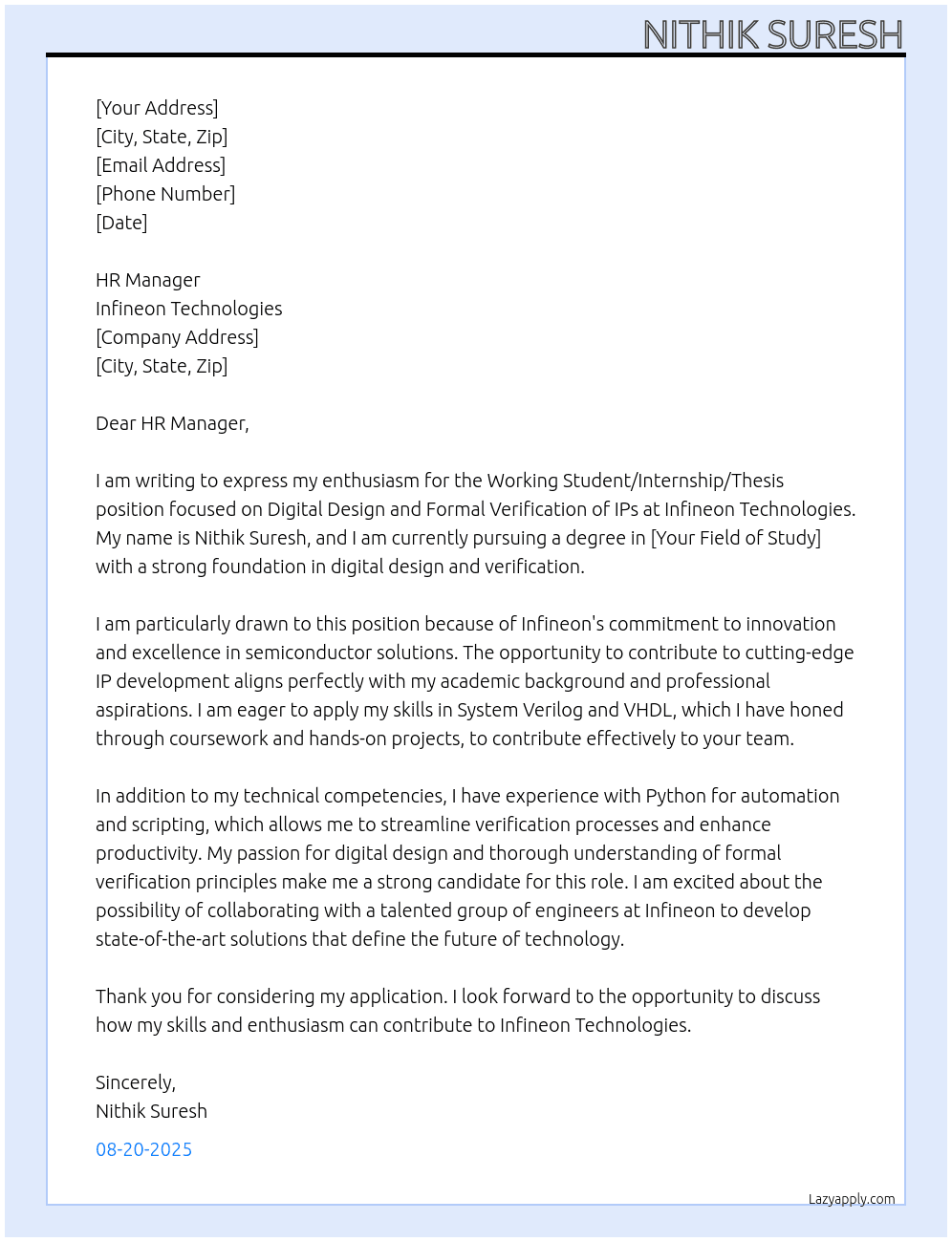 Working Student/ Internship/ Thesis: Digital Design and Formal Verification of IPs At Infineon Technologies Cover Letter