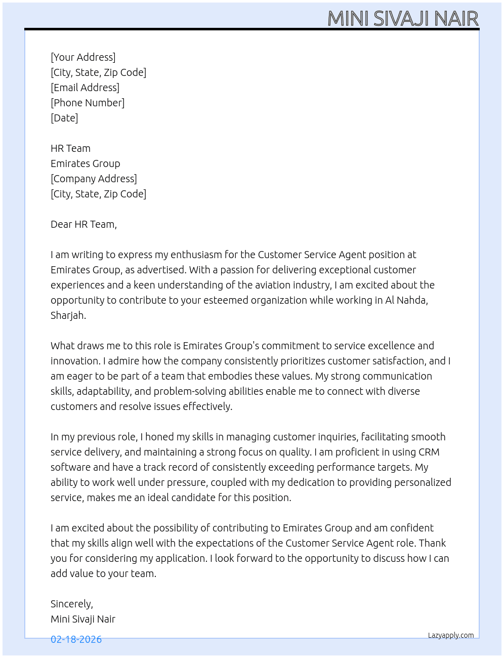 Customer Service Agent At Emirates Group Cover Letter