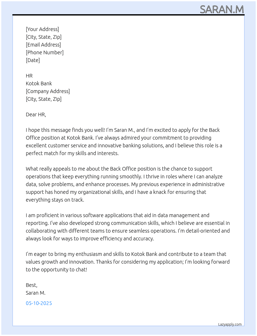 Back office  At Kotok bank Cover Letter