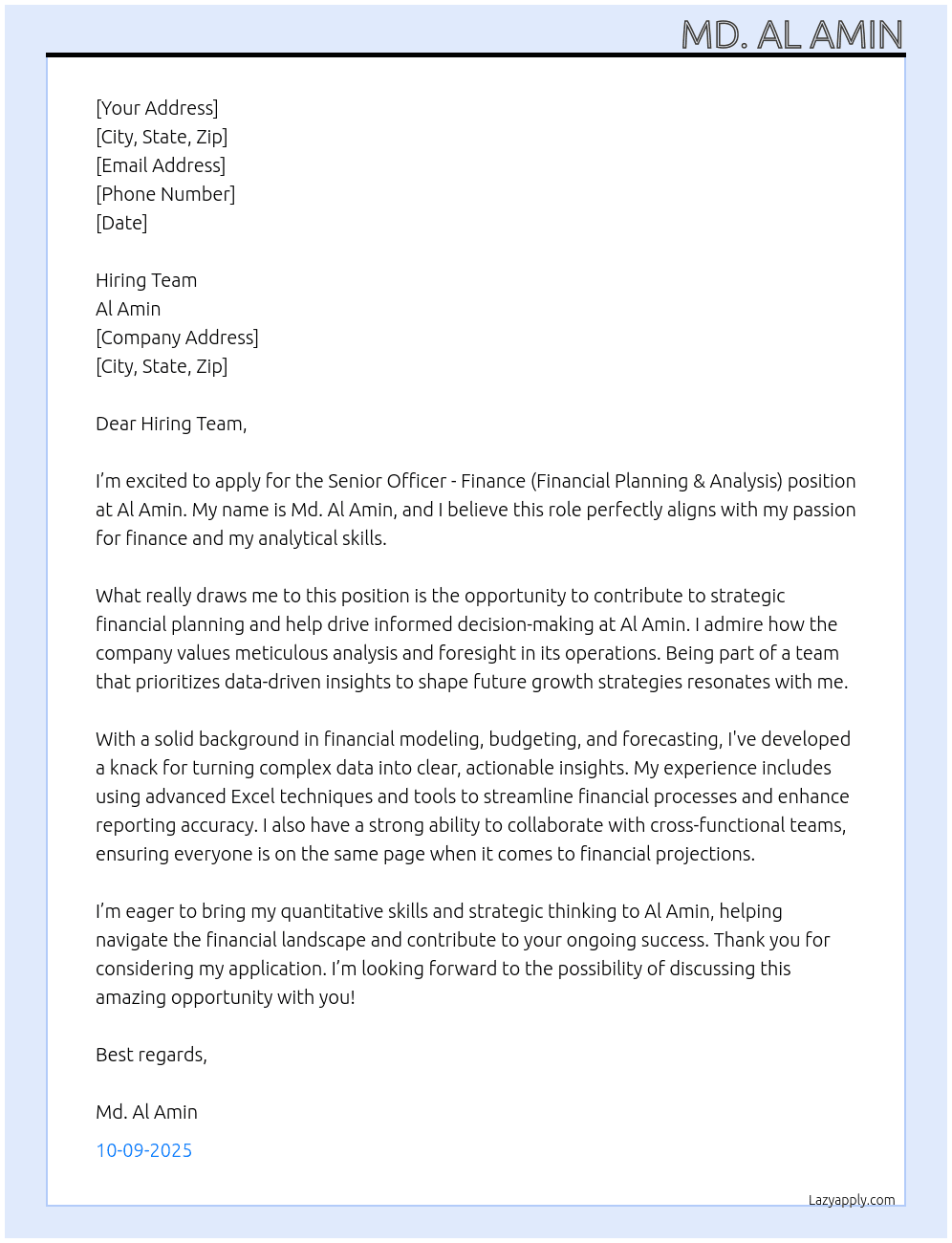Senior Officer - Finance (Financial Planning & Analysis) At Al Amin Cover Letter