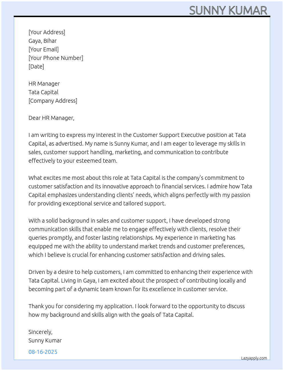 sales and marketing  At tata capital Cover Letter